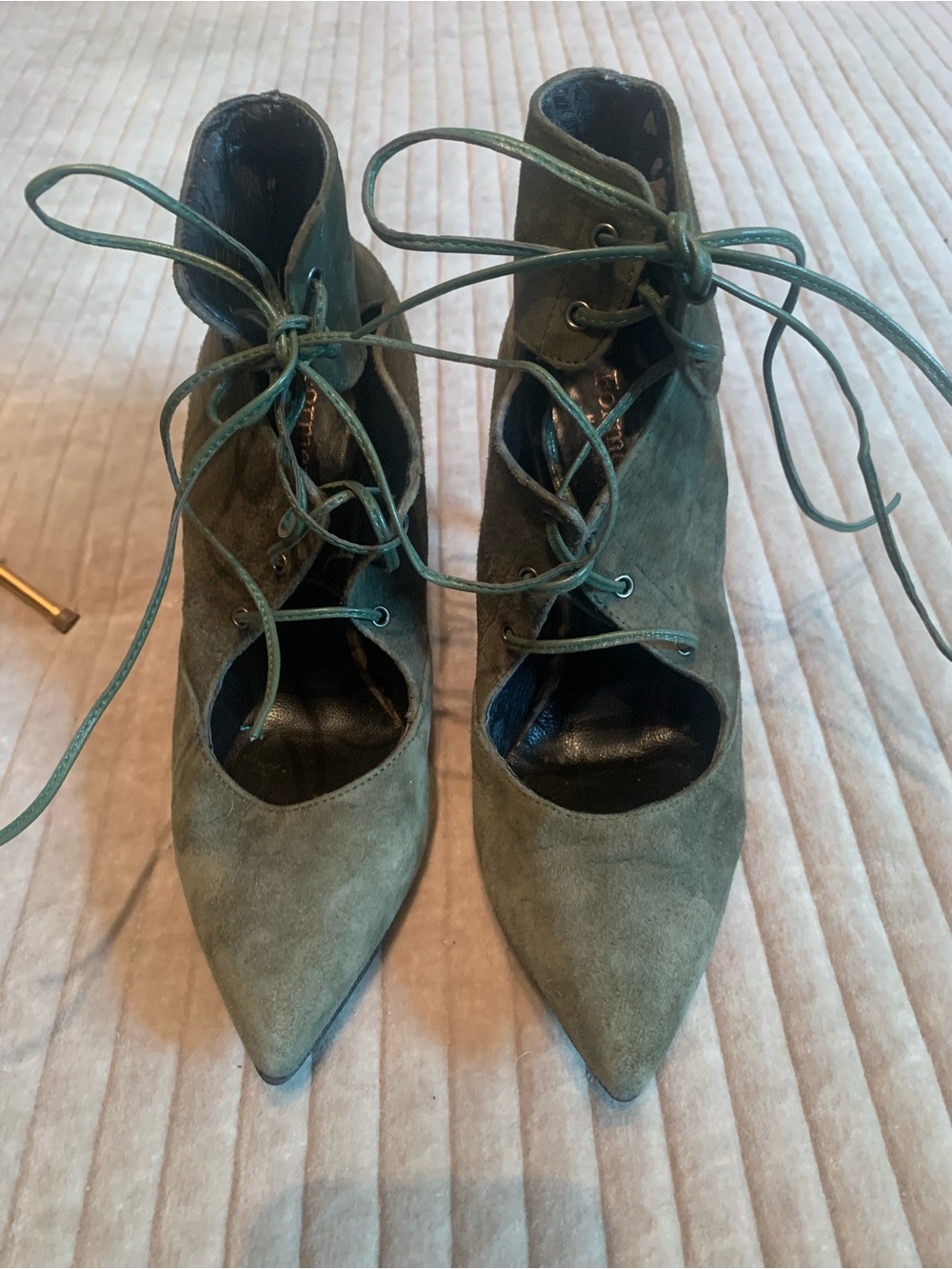 Lace-Up Pointed-Toe Heels in Olive Green Suede